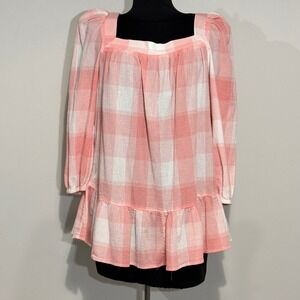Chaps Gauze Plaid Ruffle Hem Top Square Neck‎ Long Sleeve Pink White XL Peplum